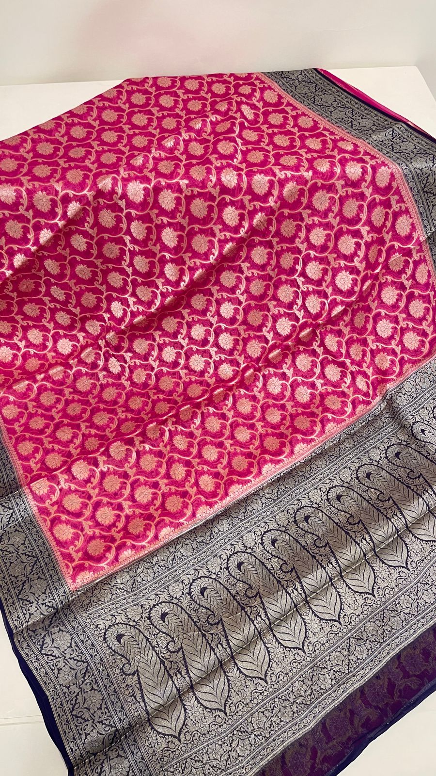 Faishana Pure Handloom Pink Chiffon Floral Zari Jaal with Contrast Navy Blue Paisley Pallu and Navy Blue Blouse