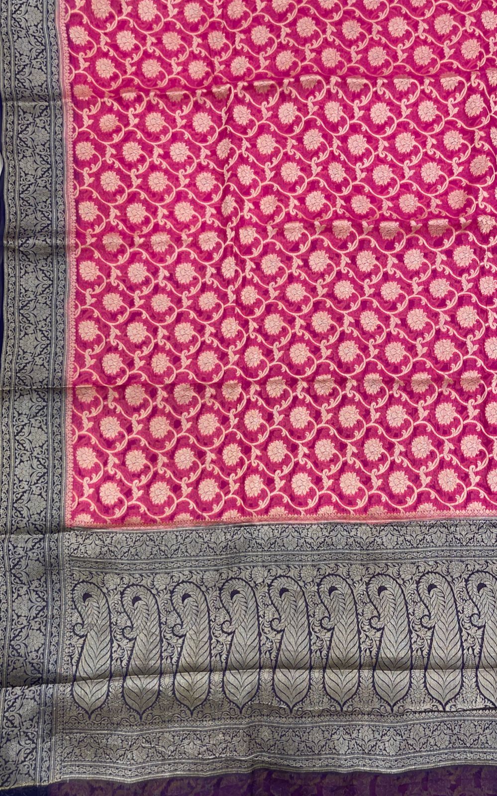 Faishana Pure Handloom Pink Chiffon Floral Zari Jaal with Contrast Navy Blue Paisley Pallu and Navy Blue Blouse