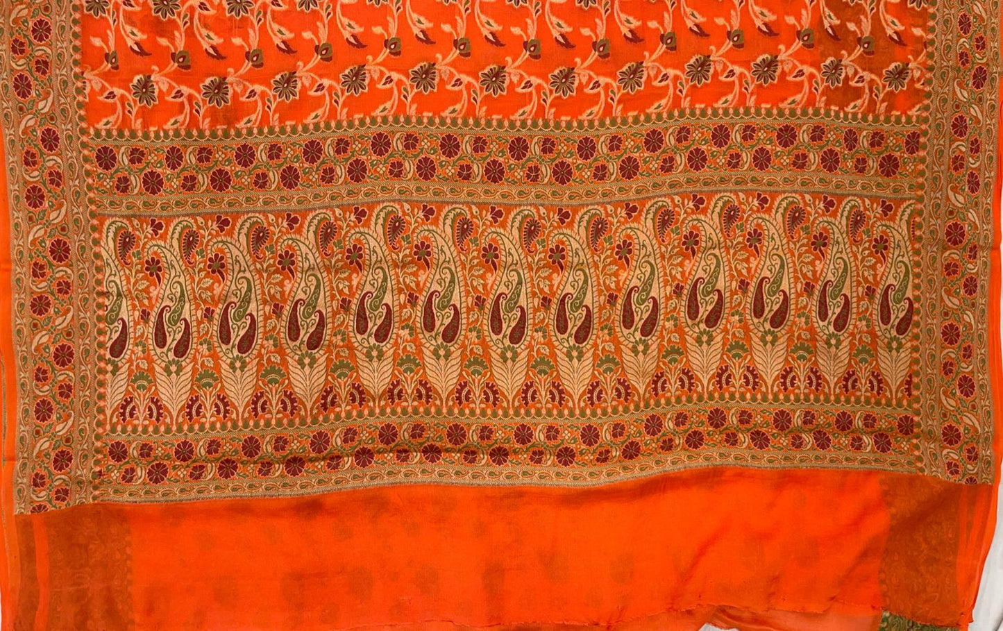 Faishana Pure Handloom Orange Chiffon Resham Zari Tilfi Mina Jaal with Minakari Paisley Zari Anchal and Minakari Border with Orange Blouse