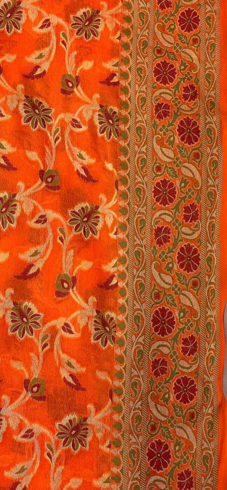 Faishana Pure Handloom Orange Chiffon Resham Zari Tilfi Mina Jaal with Minakari Paisley Zari Anchal and Minakari Border with Orange Blouse