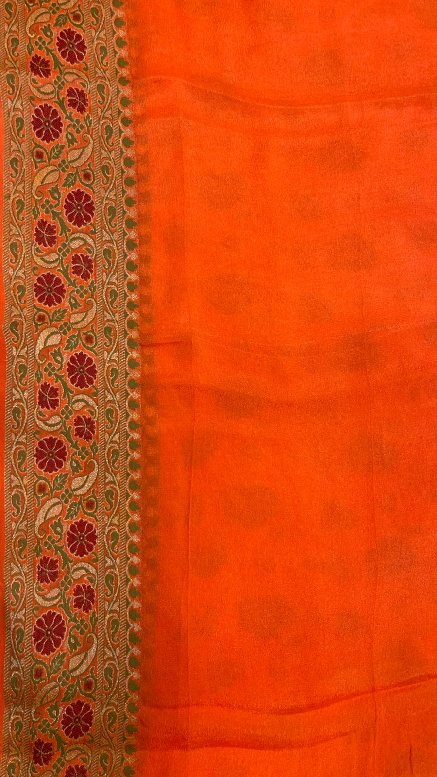 Faishana Pure Handloom Orange Chiffon Resham Zari Tilfi Mina Jaal with Minakari Paisley Zari Anchal and Minakari Border with Orange Blouse