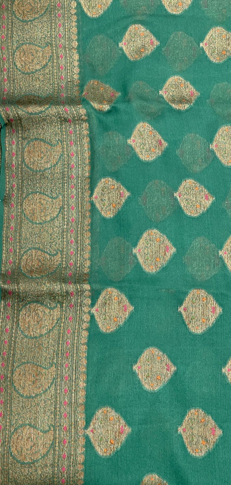 Faishana Pure Handloom Dark Green Chiffon Floral Mina Copper Zari Booti with Paisley Mina Zari Border with Dark Green Blouse 