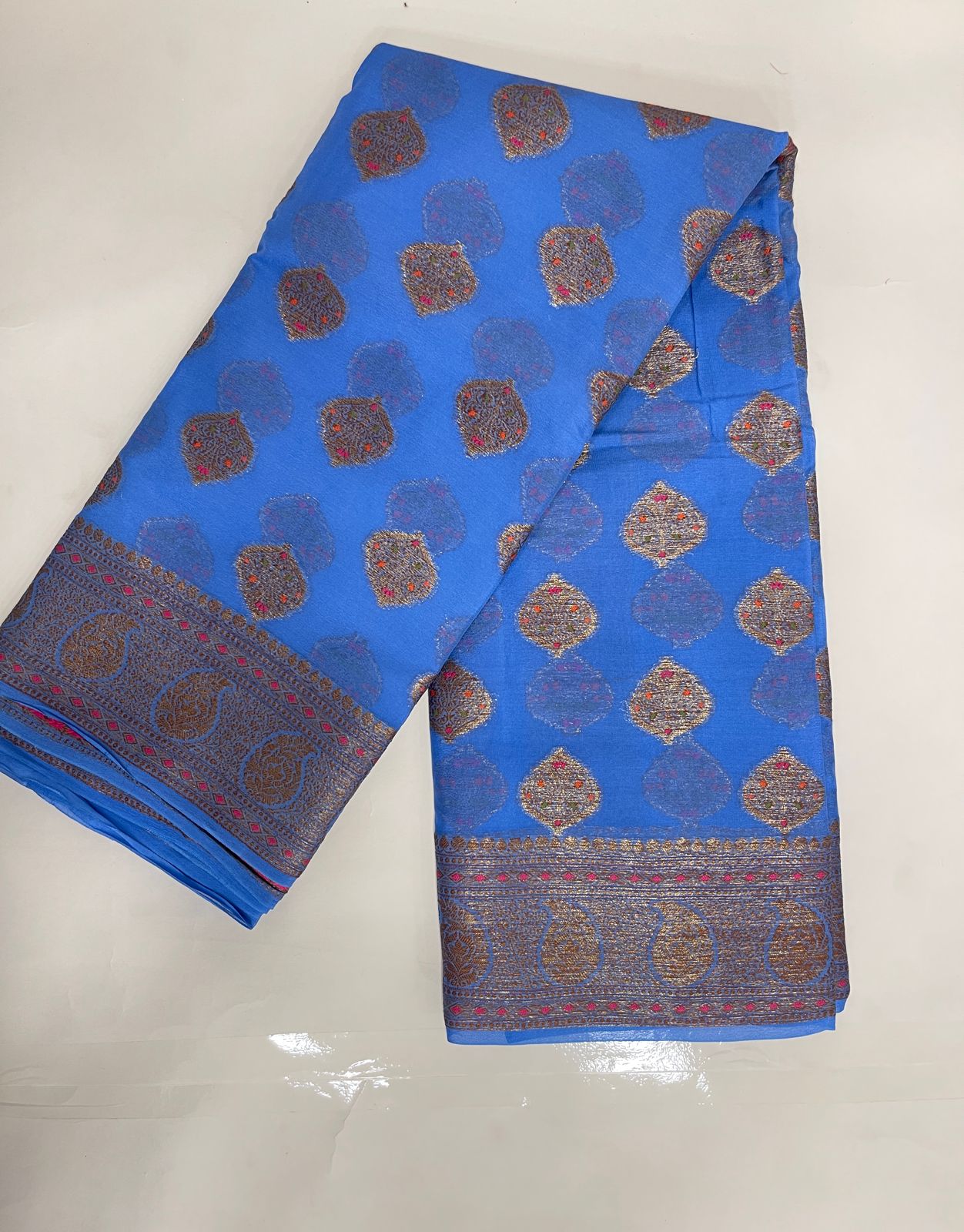 Faishana Pure Handloom Blue Chiffon Floral Mina Copper Zari Booti with Paisley Mina Zari Border with Blue Blouse 
