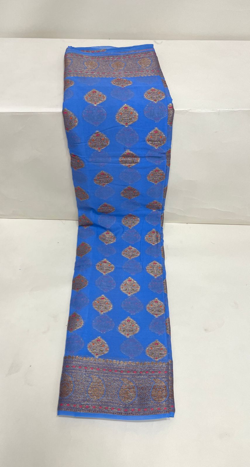 Faishana Pure Handloom Blue Chiffon Floral Mina Copper Zari Booti with Paisley Mina Zari Border with Blue Blouse 