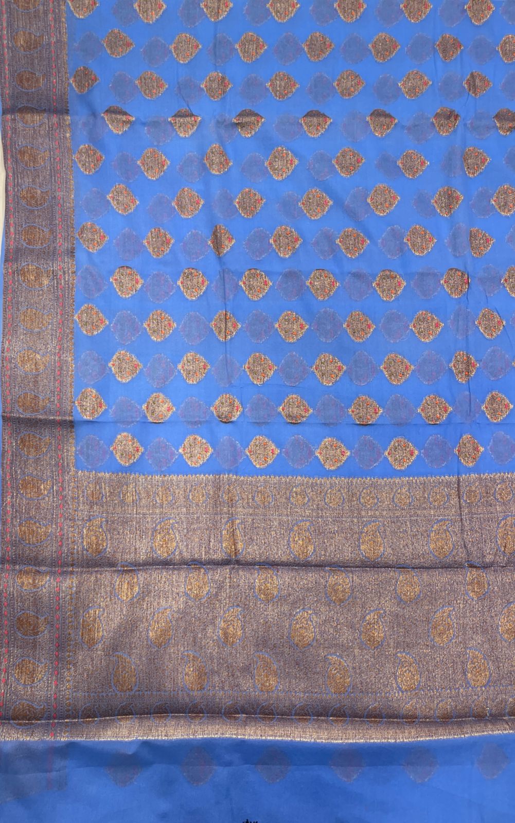 Faishana Pure Handloom Blue Chiffon Floral Mina Copper Zari Booti with Paisley Mina Zari Border with Blue Blouse 