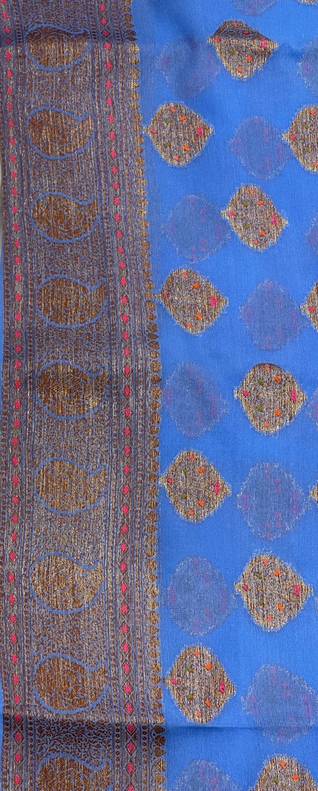 Faishana Pure Handloom Blue Chiffon Floral Mina Copper Zari Booti with Paisley Mina Zari Border with Blue Blouse 
