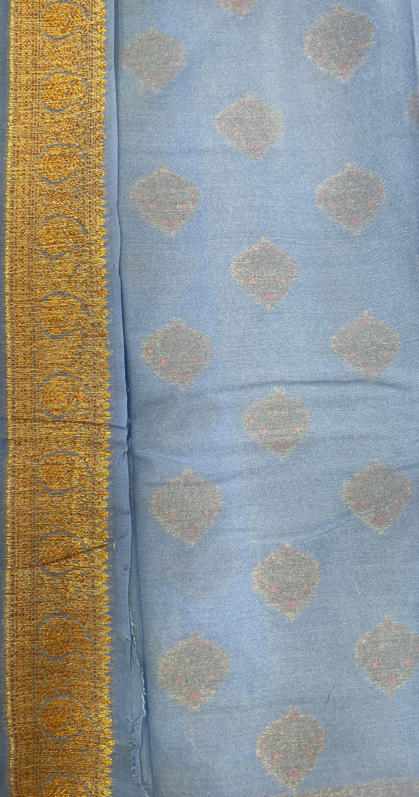 Faishana Pure Handloom Blue Chiffon Floral Mina Copper Zari Booti with Paisley Mina Zari Border with Blue Blouse 