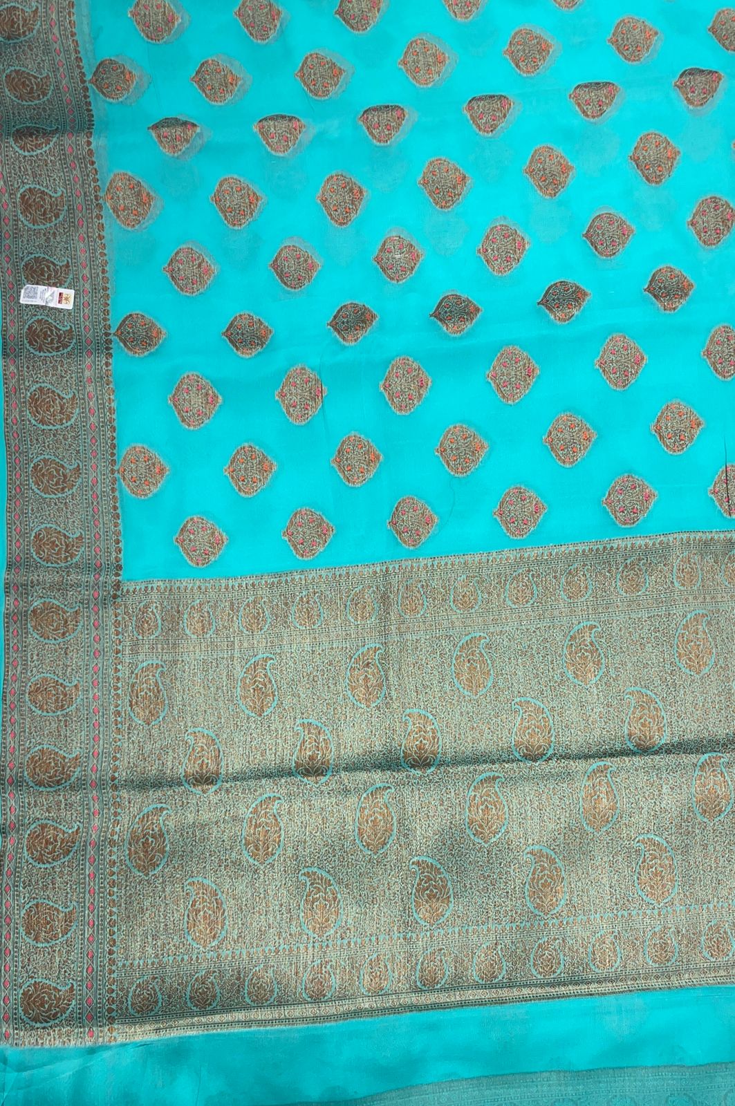 Faishana Pure Handloom Sea Green Chiffon Floral Mina Copper Zari Booti with Paisley Mina Zari Border with Sea Green Blouse 