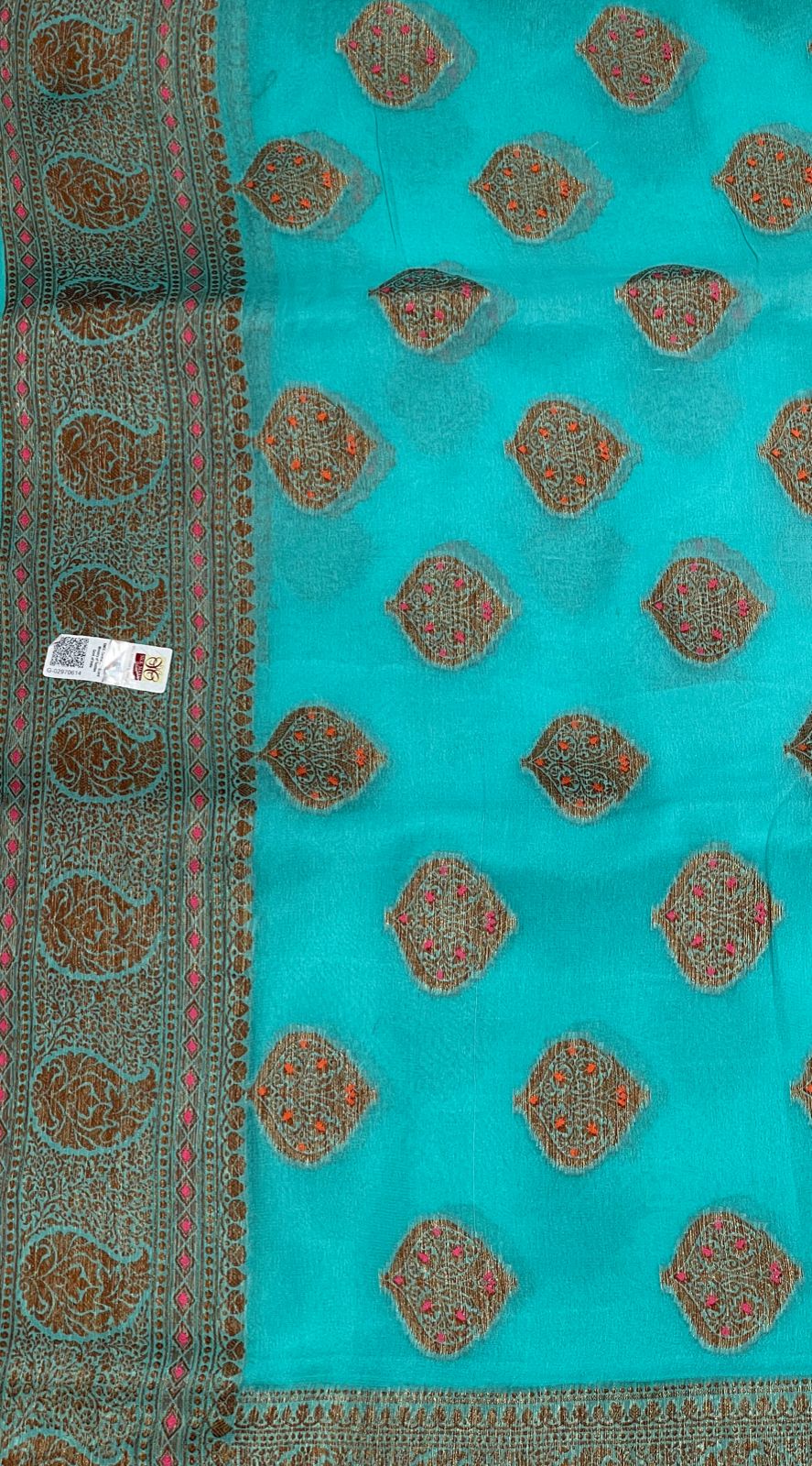 Faishana Pure Handloom Sea Green Chiffon Floral Mina Copper Zari Booti with Paisley Mina Zari Border with Sea Green Blouse 