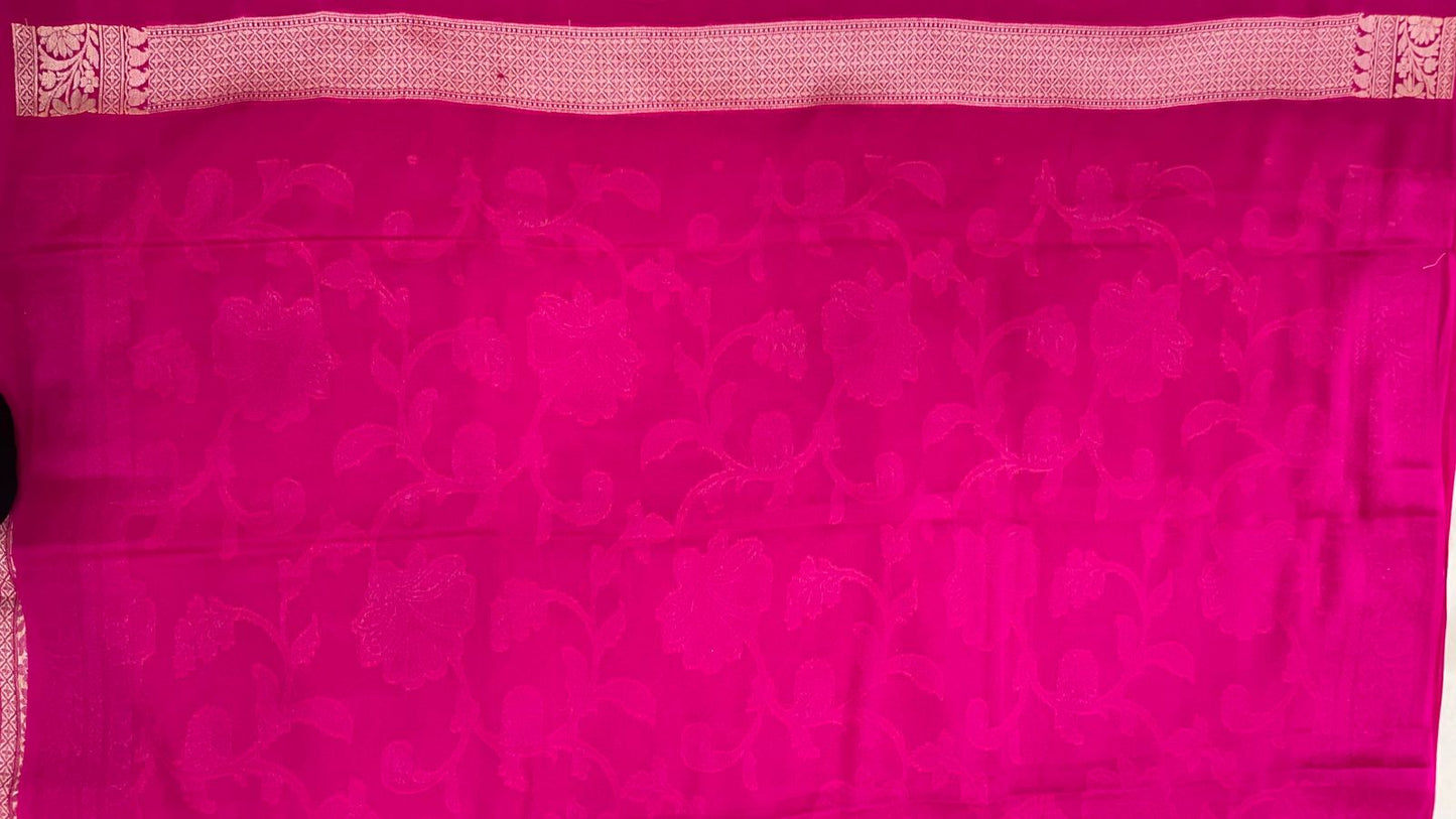 Faishana Pure Handloom Magenta Chiffon Floral Golden Zari Boota Jaal with Banarasi Zari Border and Magenta Blouse