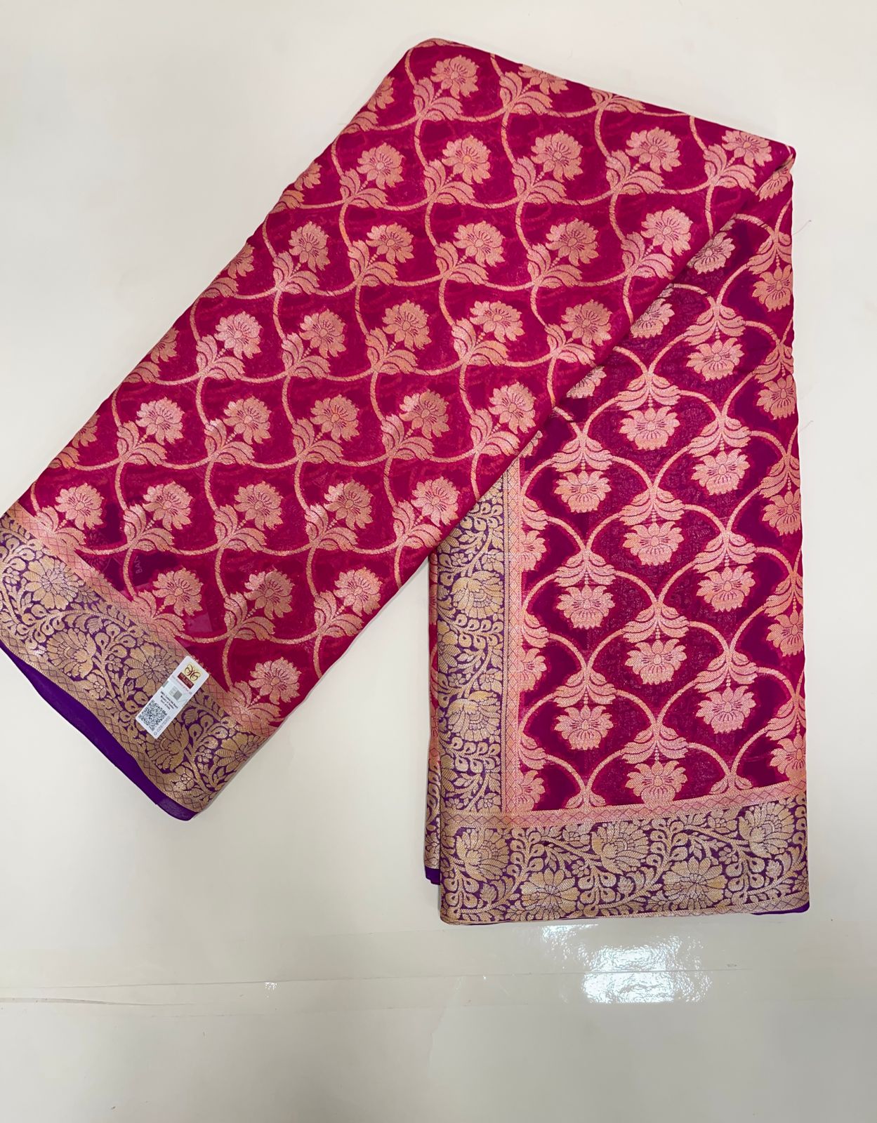 Faishana Pure Handloom Magenta Chiffon Golden Zari Floral Booti Jaal with Contrast Purple Zari Booti Anchal and Zari Border with Purple Blouse