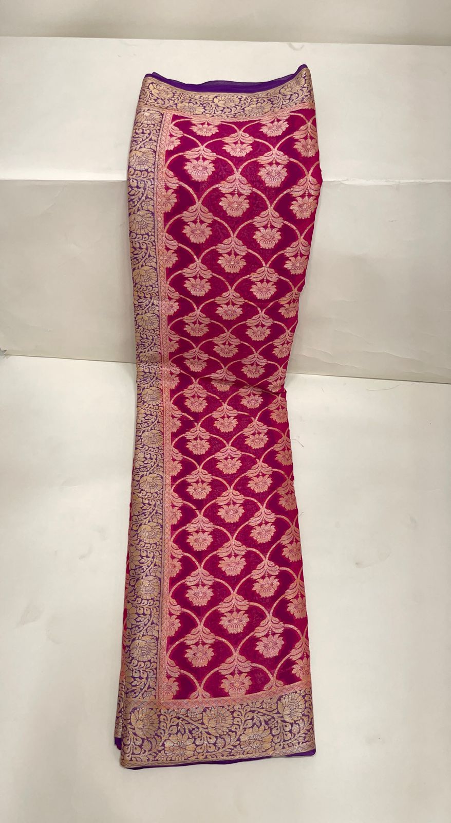 Faishana Pure Handloom Magenta Chiffon Golden Zari Floral Booti Jaal with Contrast Purple Zari Booti Anchal and Zari Border with Purple Blouse