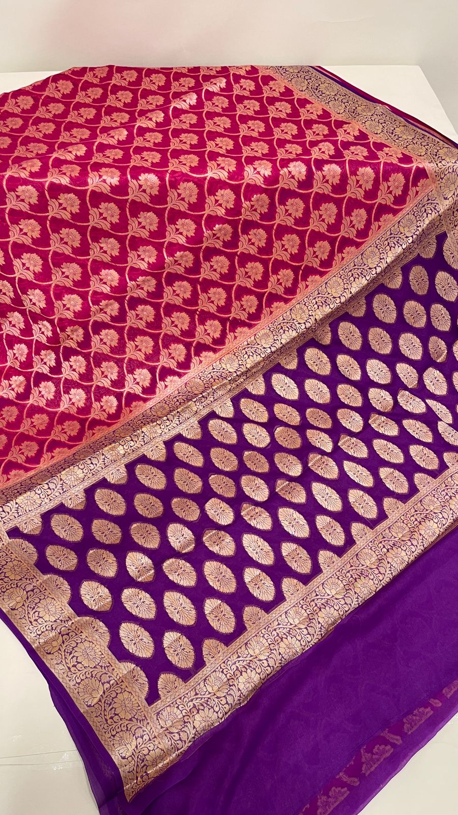 Faishana Pure Handloom Magenta Chiffon Golden Zari Floral Booti Jaal with Contrast Purple Zari Booti Anchal and Zari Border with Purple Blouse