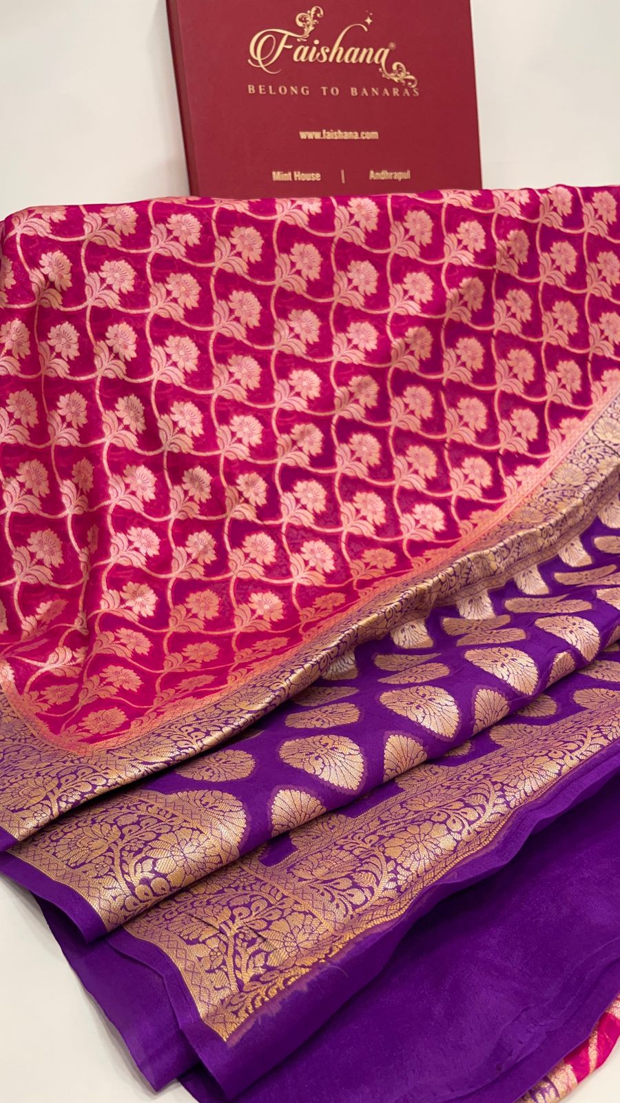 Faishana Pure Handloom Magenta Chiffon Golden Zari Floral Booti Jaal with Contrast Purple Zari Booti Anchal and Zari Border with Purple Blouse