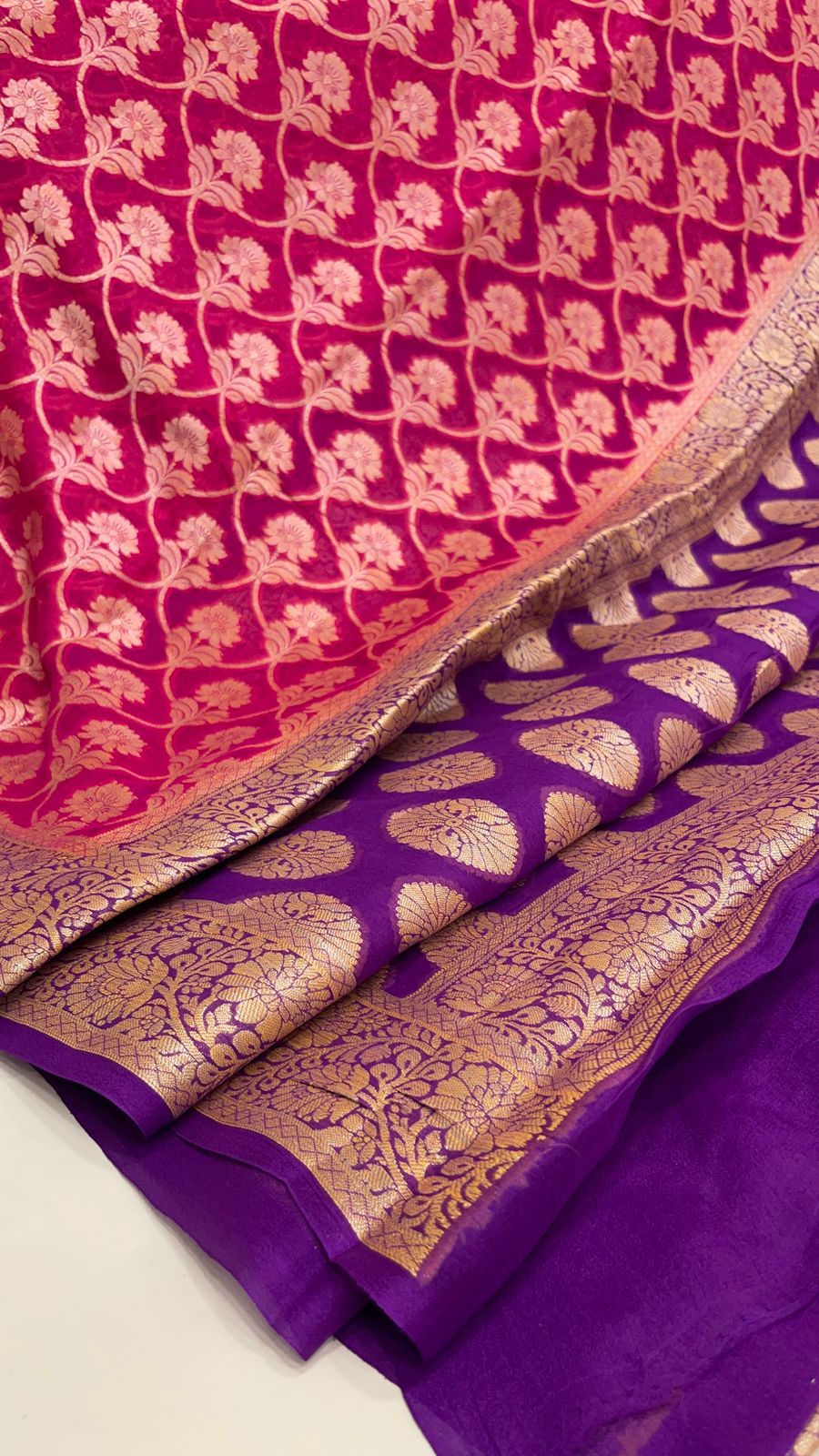 Faishana Pure Handloom Magenta Chiffon Golden Zari Floral Booti Jaal with Contrast Purple Zari Booti Anchal and Zari Border with Purple Blouse