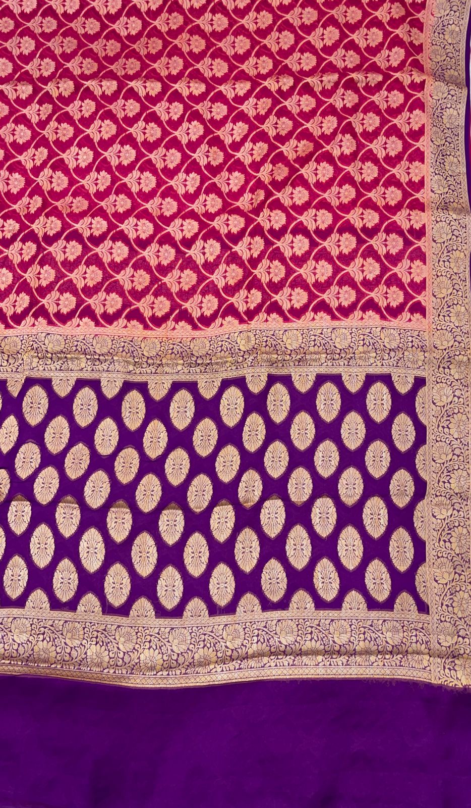 Faishana Pure Handloom Magenta Chiffon Golden Zari Floral Booti Jaal with Contrast Purple Zari Booti Anchal and Zari Border with Purple Blouse
