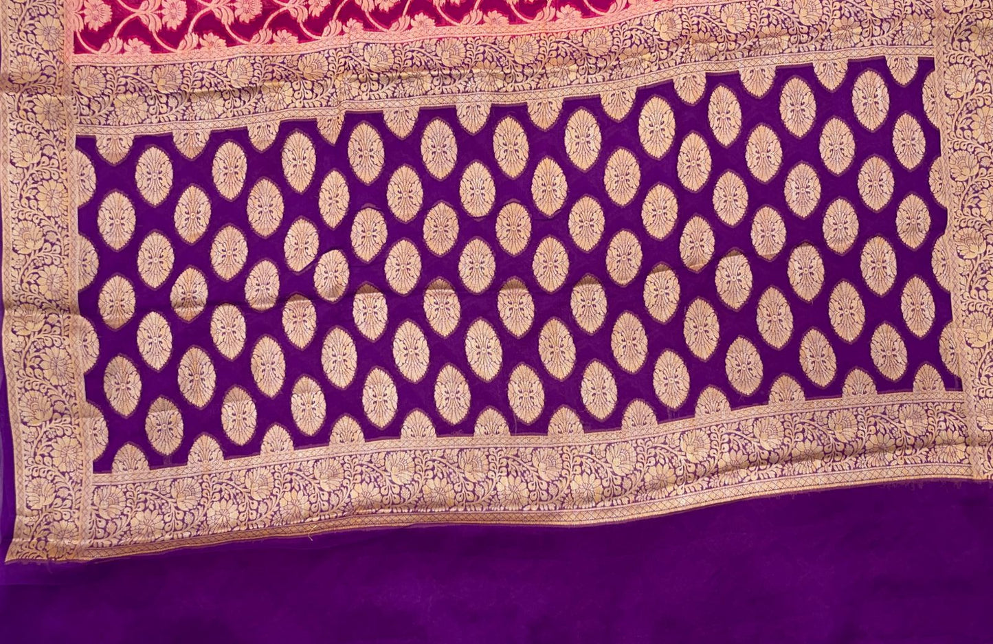 Faishana Pure Handloom Magenta Chiffon Golden Zari Floral Booti Jaal with Contrast Purple Zari Booti Anchal and Zari Border with Purple Blouse