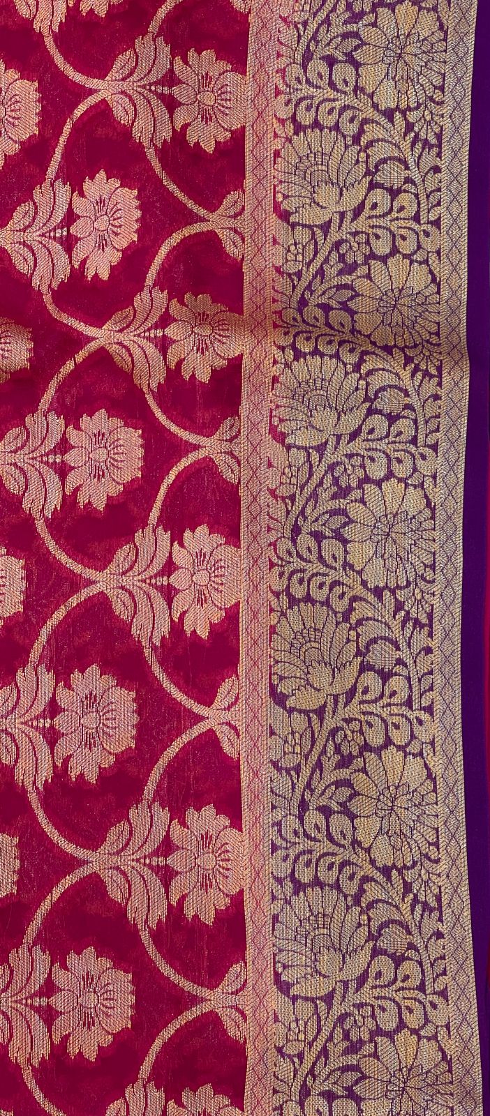 Faishana Pure Handloom Magenta Chiffon Golden Zari Floral Booti Jaal with Contrast Purple Zari Booti Anchal and Zari Border with Purple Blouse