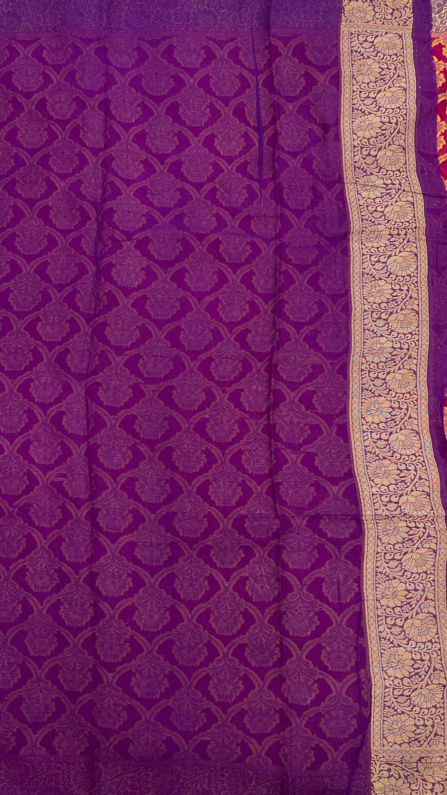 Faishana Pure Handloom Magenta Chiffon Golden Zari Floral Booti Jaal with Contrast Purple Zari Booti Anchal and Zari Border with Purple Blouse