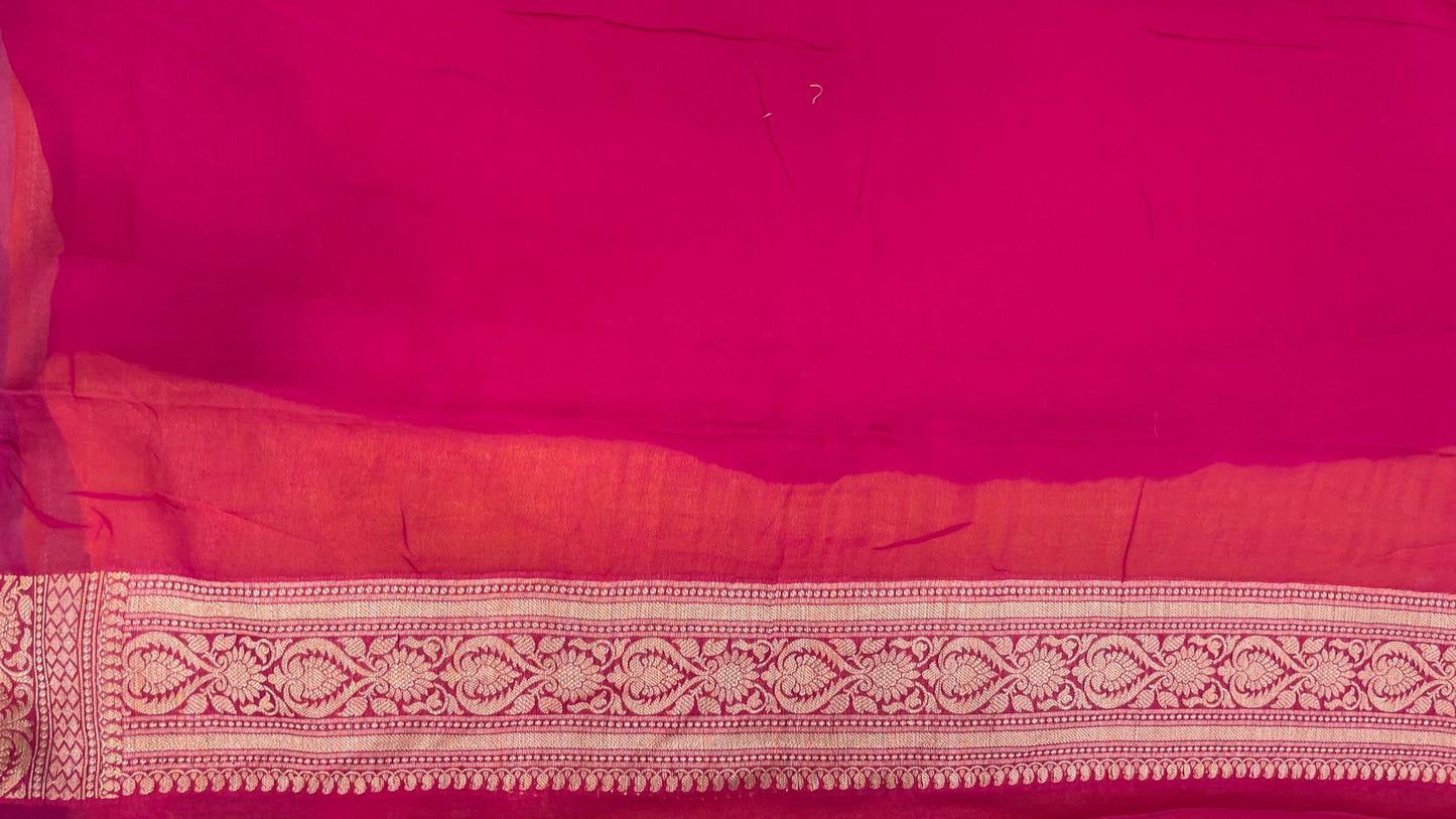 Faishana Pure Handloom Yellow Chiffon Resham Zari Chunri Booti Skirt Paithani Border with Contrast Pink Pallu and Pink Blouse 