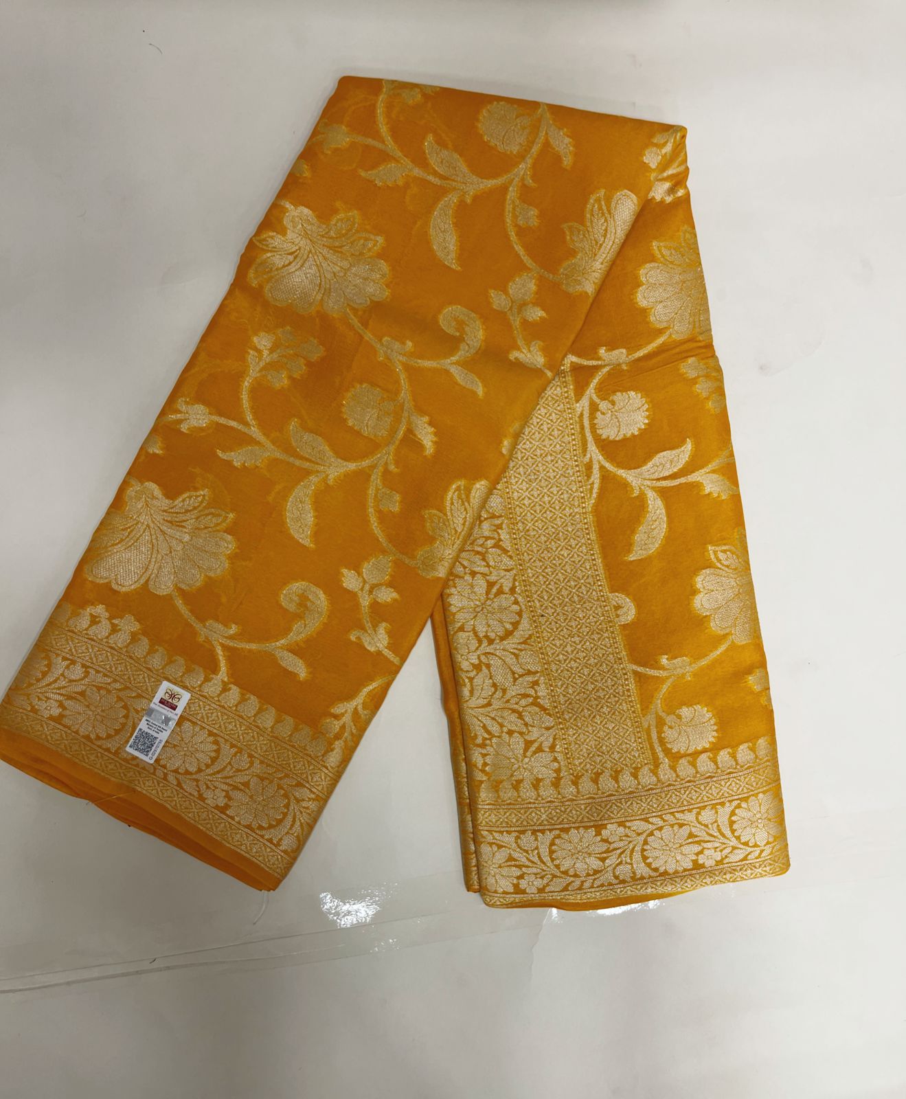 Faishana Pure Handloom Yellow Chiffon Floral Golden Zari Boota Jaal with Banarasi Zari Border and Yellow Blouse