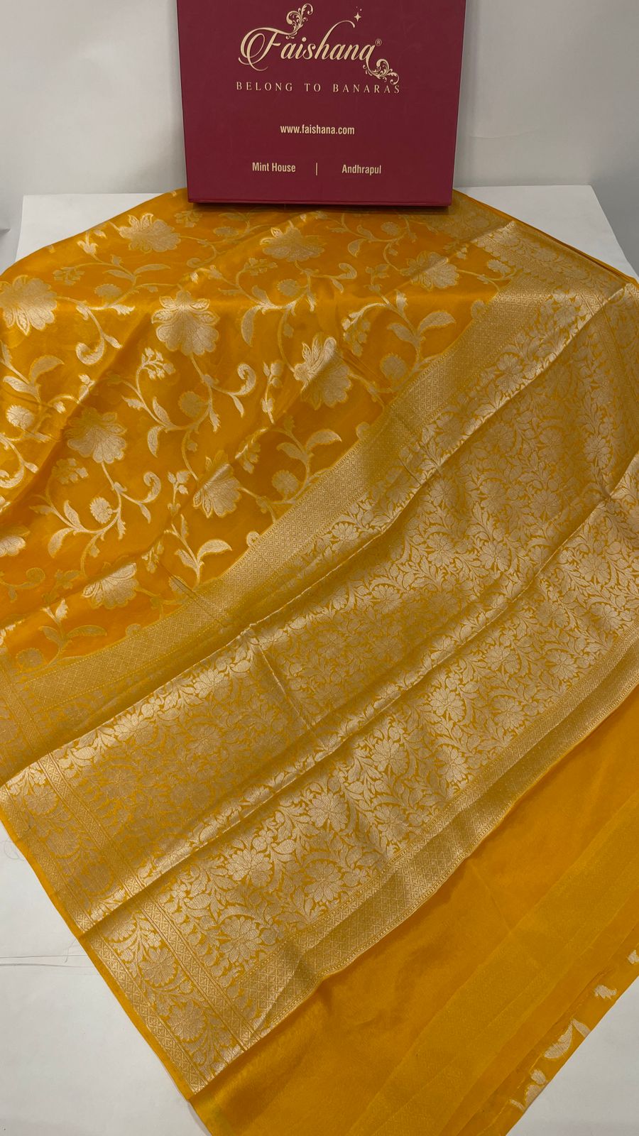 Faishana Pure Handloom Yellow Chiffon Floral Golden Zari Boota Jaal with Banarasi Zari Border and Yellow Blouse