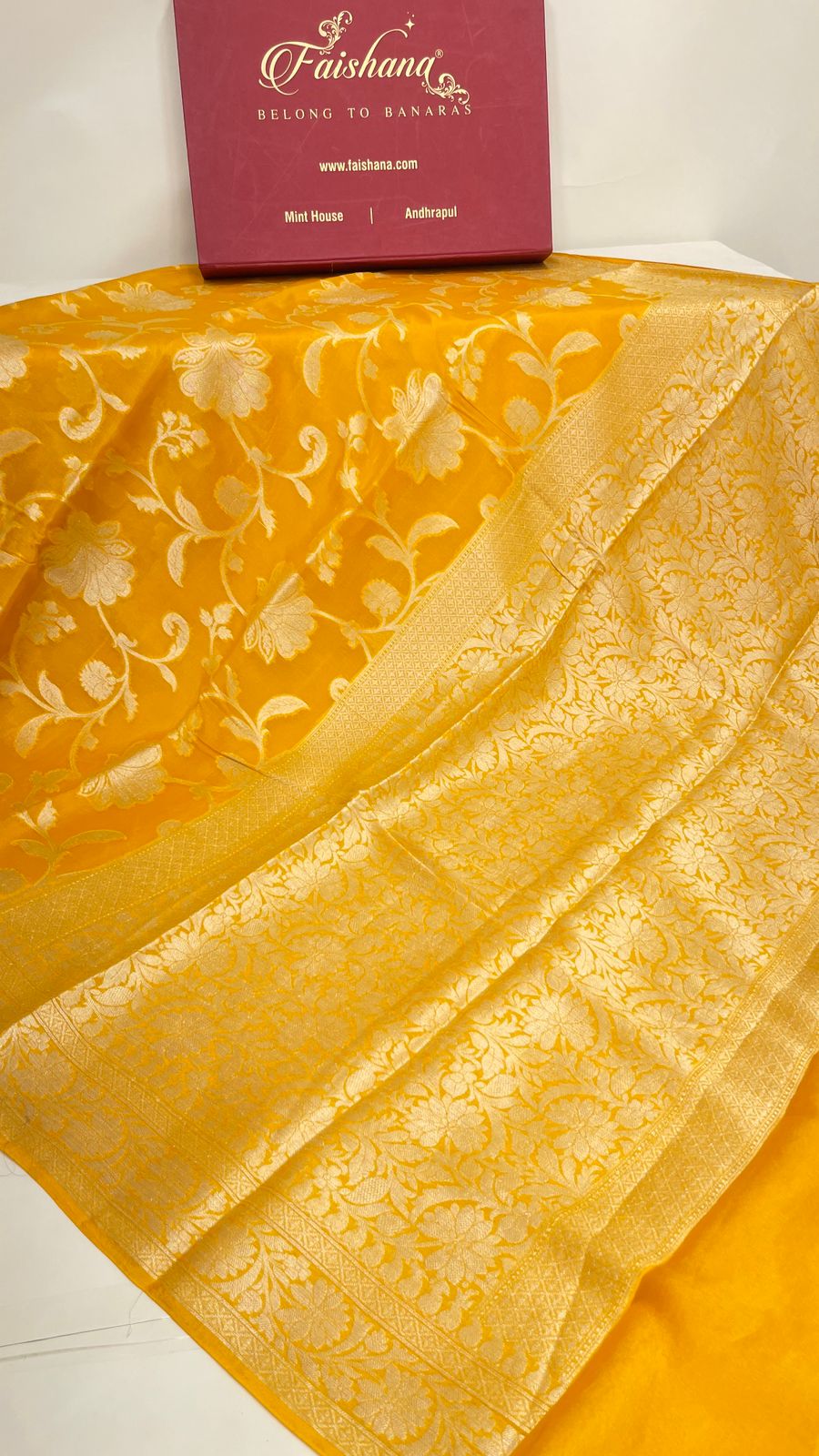 Faishana Pure Handloom Yellow Chiffon Floral Golden Zari Boota Jaal with Banarasi Zari Border and Yellow Blouse