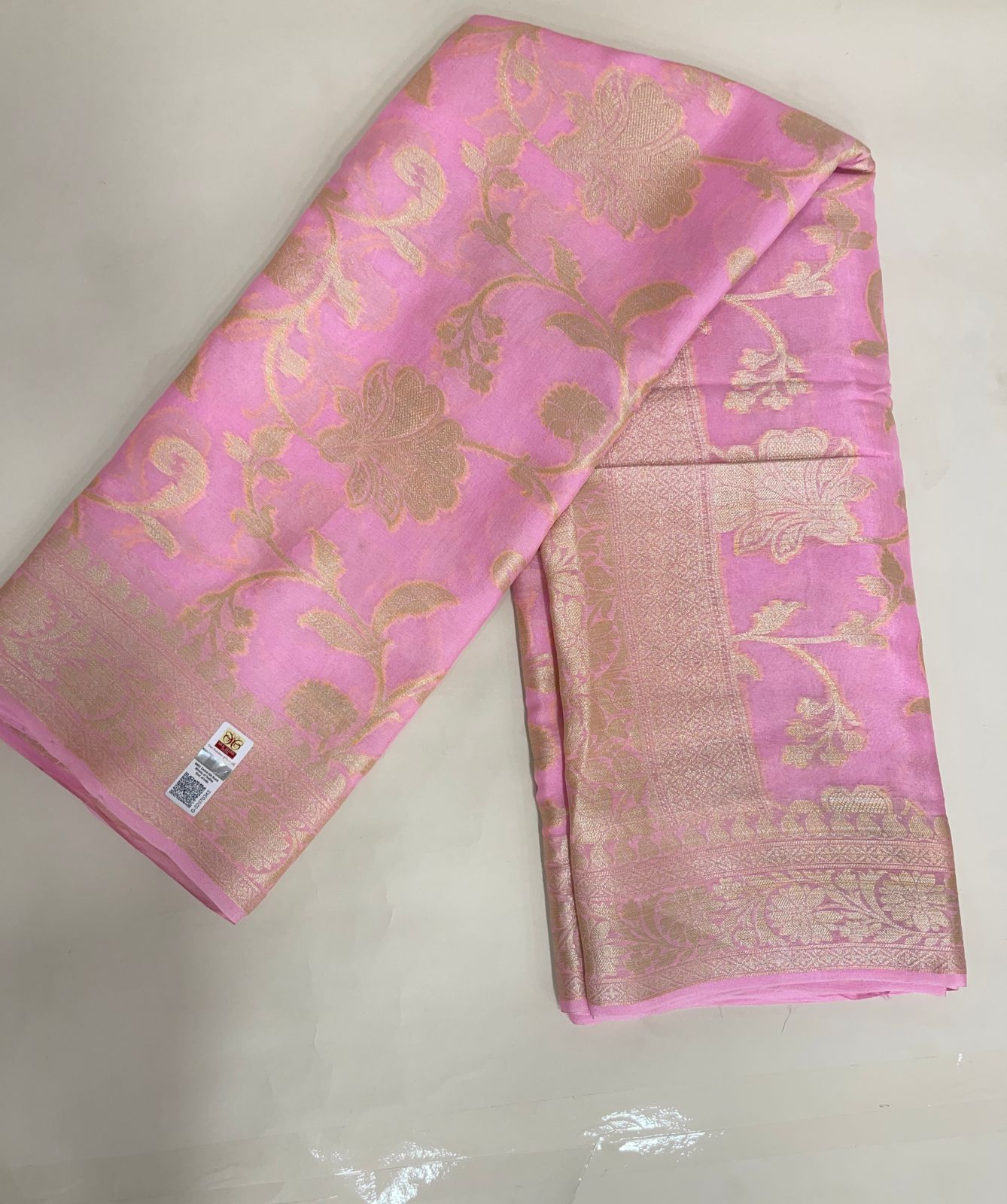 Faishana Pure Handloom Baby Pink Chiffon Floral Golden Zari Boota Jaal with Banarasi Zari Border and Baby Pink Blouse