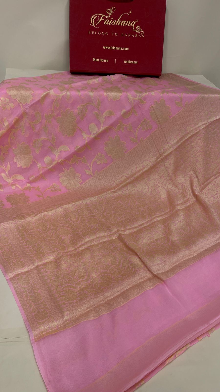 Faishana Pure Handloom Baby Pink Chiffon Floral Golden Zari Boota Jaal with Banarasi Zari Border and Baby Pink Blouse