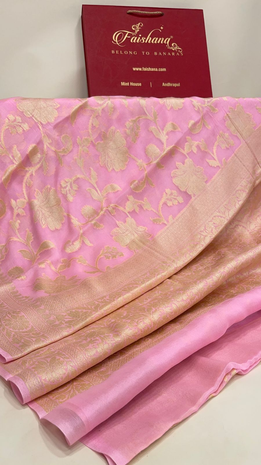 Faishana Pure Handloom Baby Pink Chiffon Floral Golden Zari Boota Jaal with Banarasi Zari Border and Baby Pink Blouse