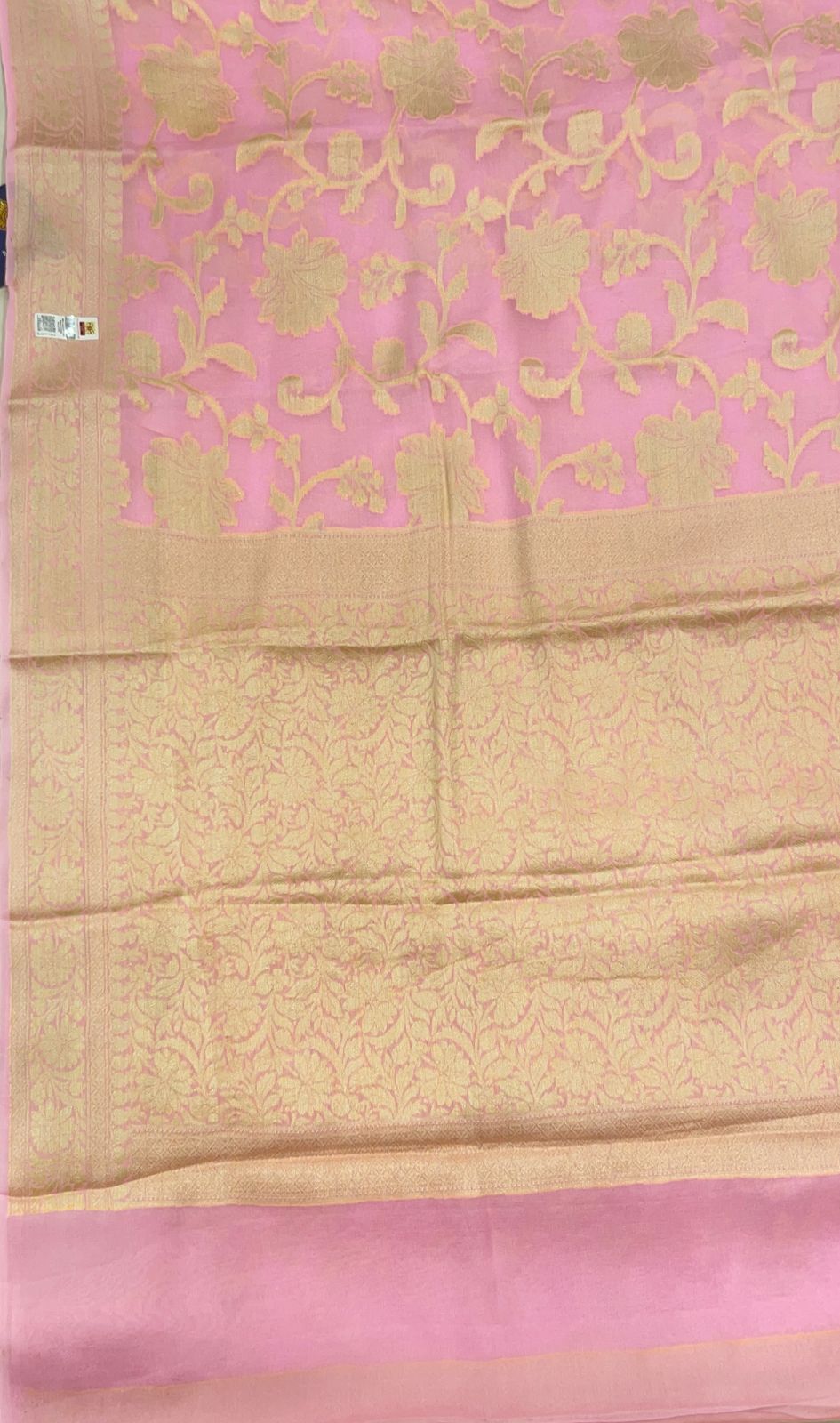 Faishana Pure Handloom Baby Pink Chiffon Floral Golden Zari Boota Jaal with Banarasi Zari Border and Baby Pink Blouse