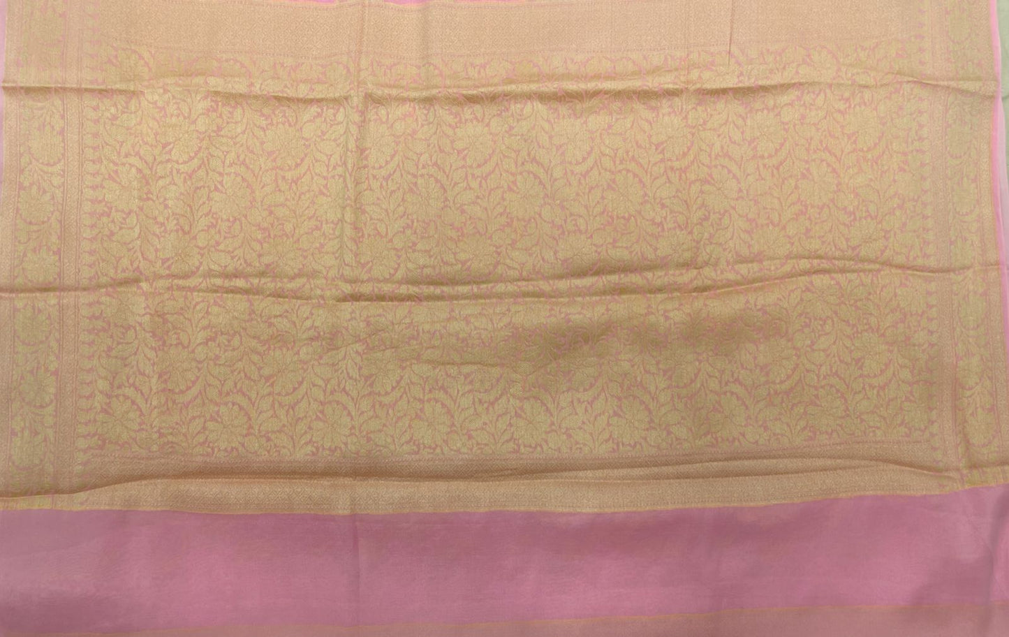 Faishana Pure Handloom Baby Pink Chiffon Floral Golden Zari Boota Jaal with Banarasi Zari Border and Baby Pink Blouse
