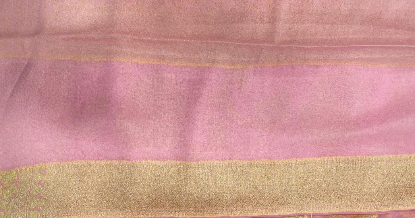 Faishana Pure Handloom Baby Pink Chiffon Floral Golden Zari Boota Jaal with Banarasi Zari Border and Baby Pink Blouse