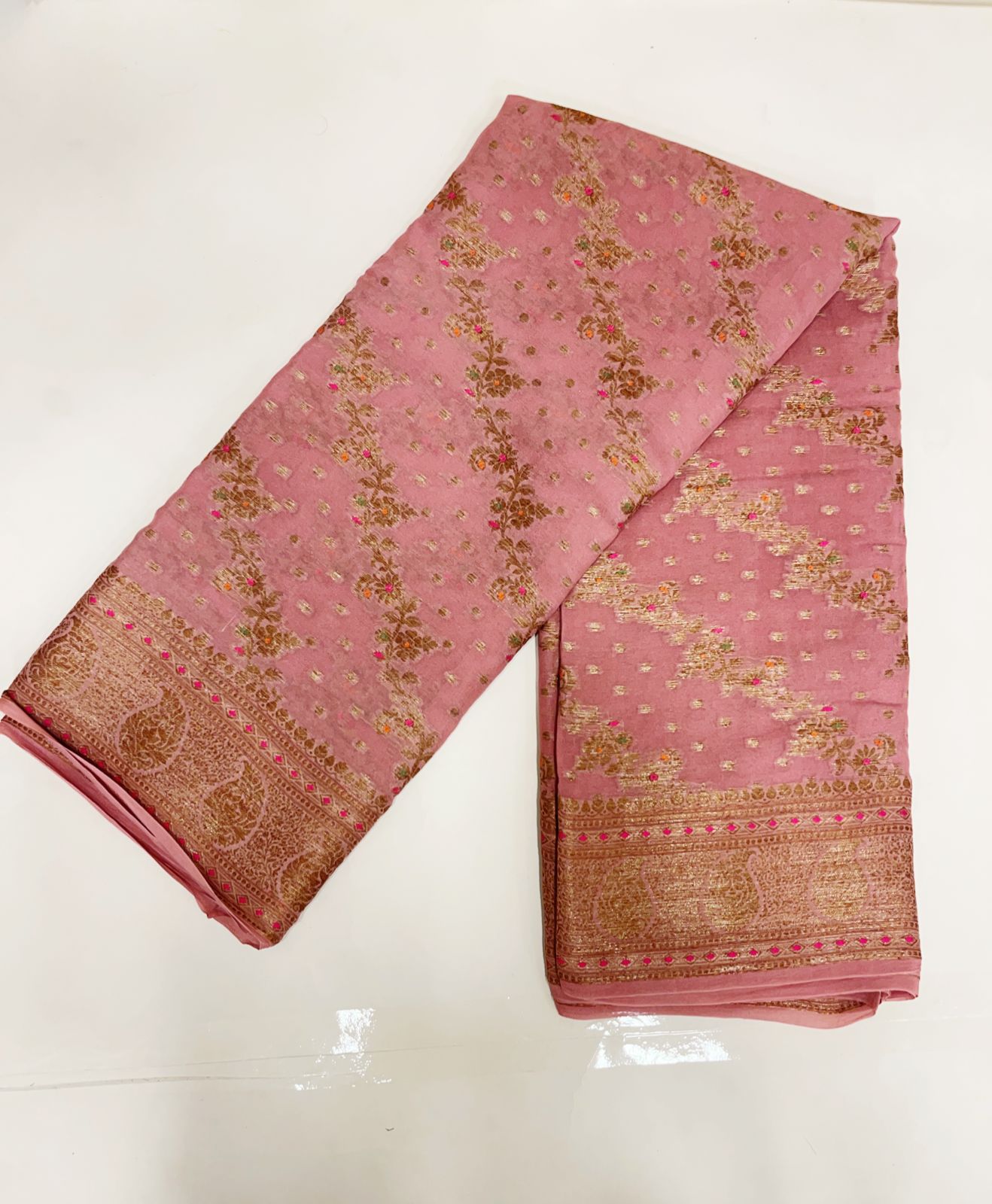 Faishana Pure Handloom Peach Chiffon Floral Copper Zari Mina Stripe Jaal Booti with Paisley Mina Zari Border and Peach Blouse