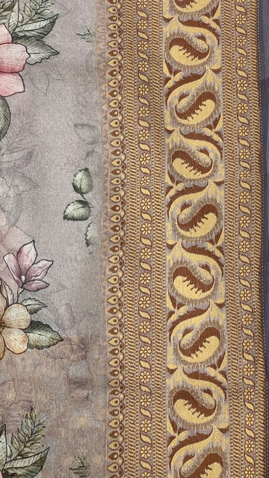 Faishana Pure Handloom Grey Chiffon Floral Digital Print Boota with Paisley Copper Zari Border and Grey Blouse