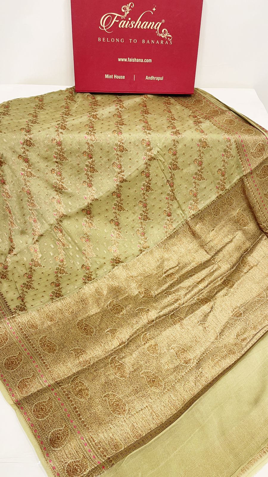 Faishana Pure Handloom Olive Chiffon Floral Copper Zari Mina Stripe Jaal with Paisley Mina Zari Border and Olive Blouse