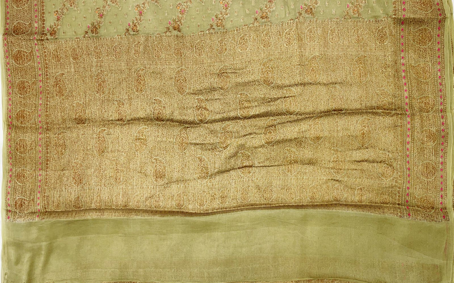 Faishana Pure Handloom Olive Chiffon Floral Copper Zari Mina Stripe Jaal with Paisley Mina Zari Border and Olive Blouse