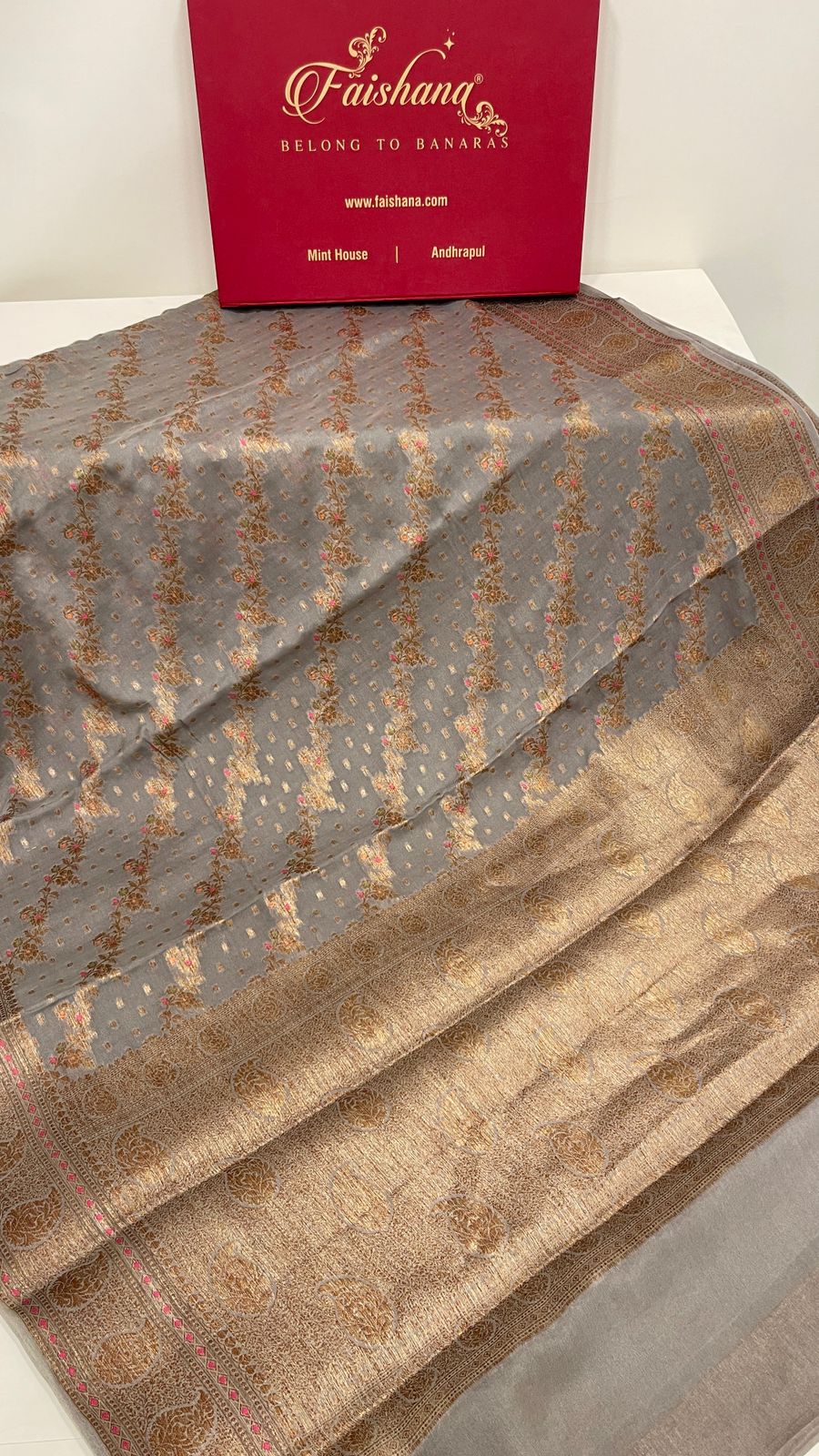 Faishana Pure Handloom Grey Chiffon Floral Copper Zari Mina Stripe Jaal with Paisley Mina Zari Border and Grey Blouse
