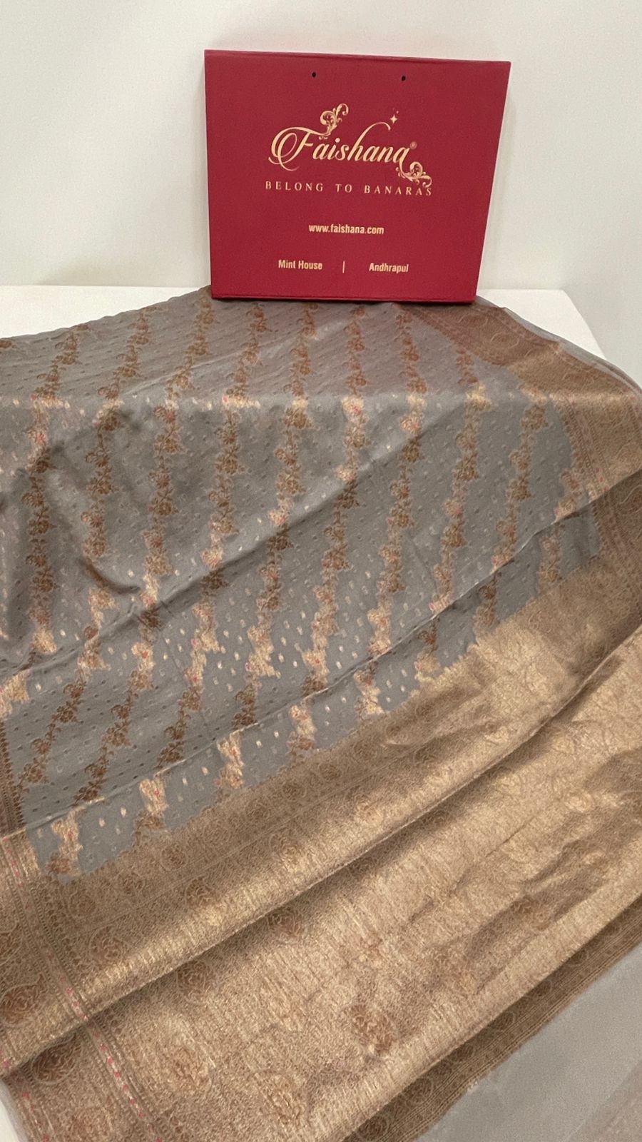 Faishana Pure Handloom Grey Chiffon Floral Copper Zari Mina Stripe Jaal with Paisley Mina Zari Border and Grey Blouse