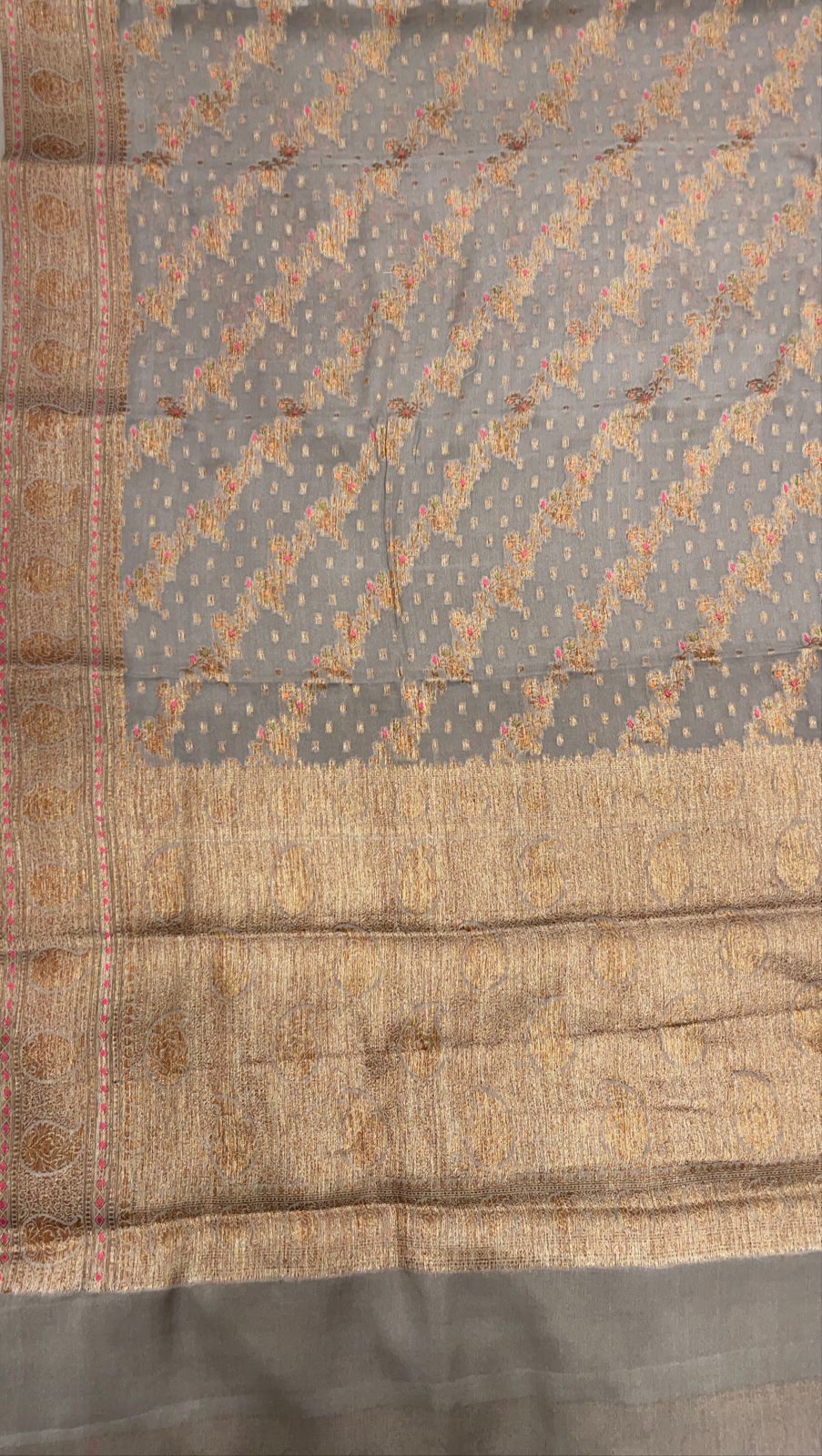 Faishana Pure Handloom Grey Chiffon Floral Copper Zari Mina Stripe Jaal with Paisley Mina Zari Border and Grey Blouse