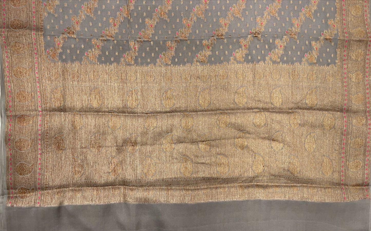 Faishana Pure Handloom Grey Chiffon Floral Copper Zari Mina Stripe Jaal with Paisley Mina Zari Border and Grey Blouse