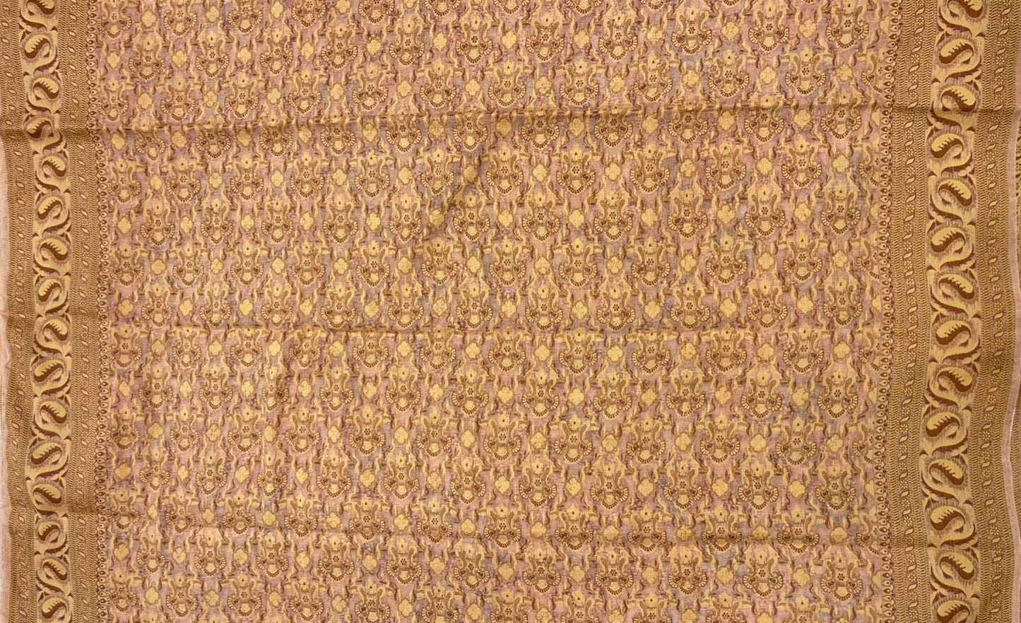 Faishana Pure Handloom Peach Chiffon Floral Digital Print Boota with Paisley Copper Zari Border and Peach Blouse