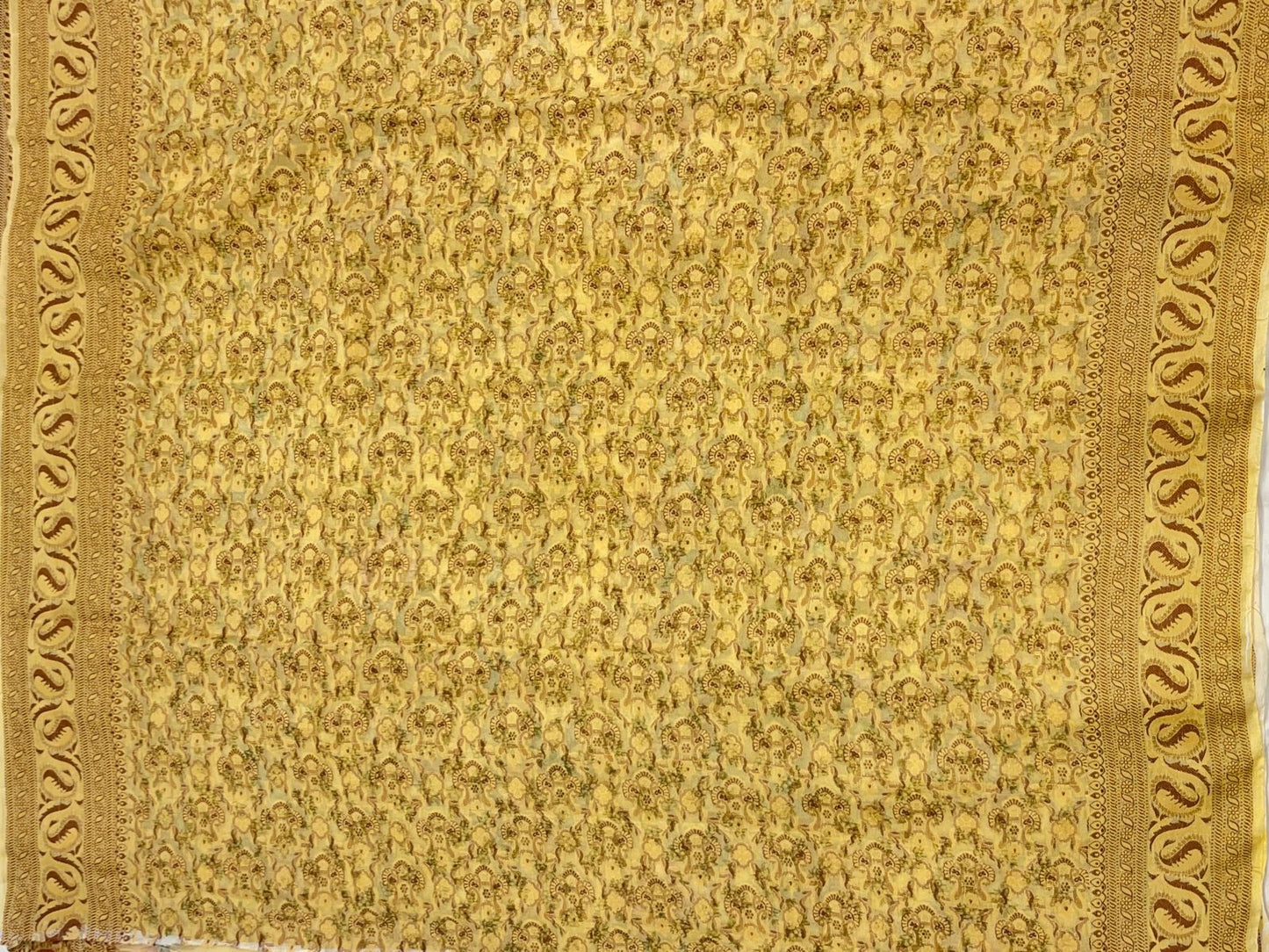 Faishana Pure Handloom Yellow Chiffon Floral Digital Print Boota with Paisley Copper Zari Border and Yellow Blouse