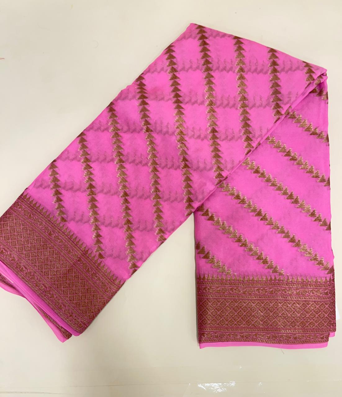 Faishana Pure Handwoven Baby Pink Chiffon Diagonal Stripe Copper Zari with Banarasi Zari Border Pallu and Baby Pink Blouse