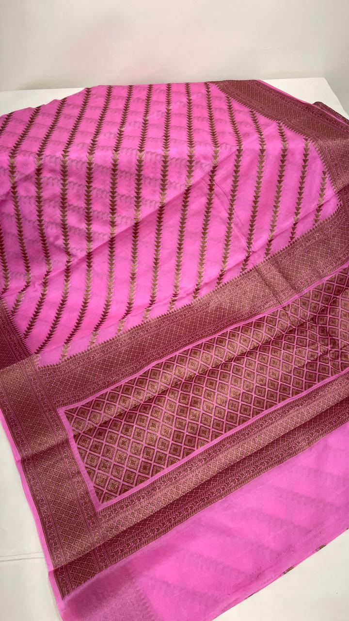 Faishana Pure Handwoven Baby Pink Chiffon Diagonal Stripe Copper Zari with Banarasi Zari Border Pallu and Baby Pink Blouse
