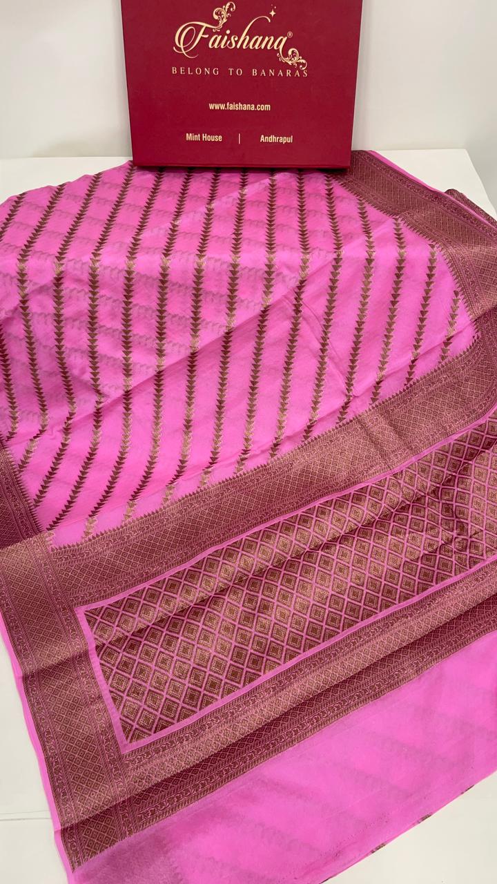 Faishana Pure Handwoven Baby Pink Chiffon Diagonal Stripe Copper Zari with Banarasi Zari Border Pallu and Baby Pink Blouse