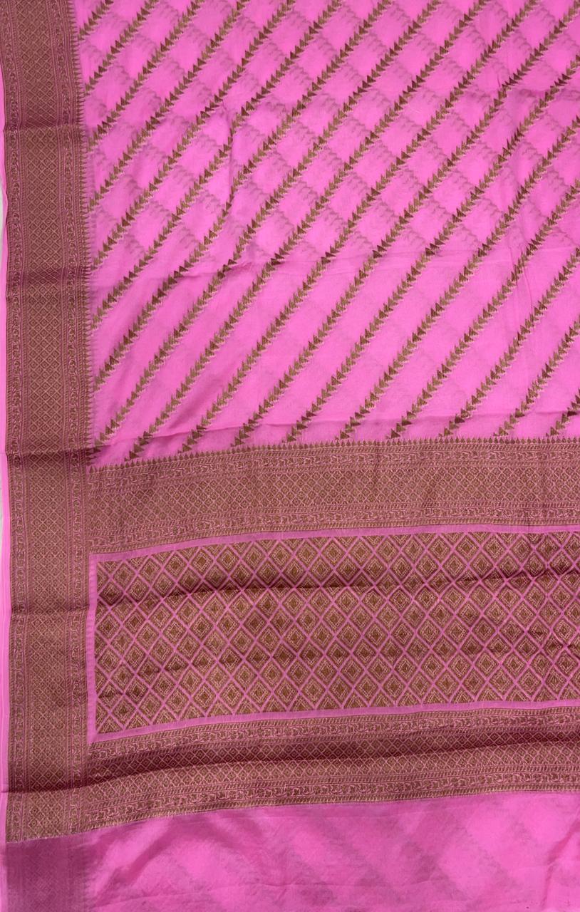 Faishana Pure Handwoven Baby Pink Chiffon Diagonal Stripe Copper Zari with Banarasi Zari Border Pallu and Baby Pink Blouse