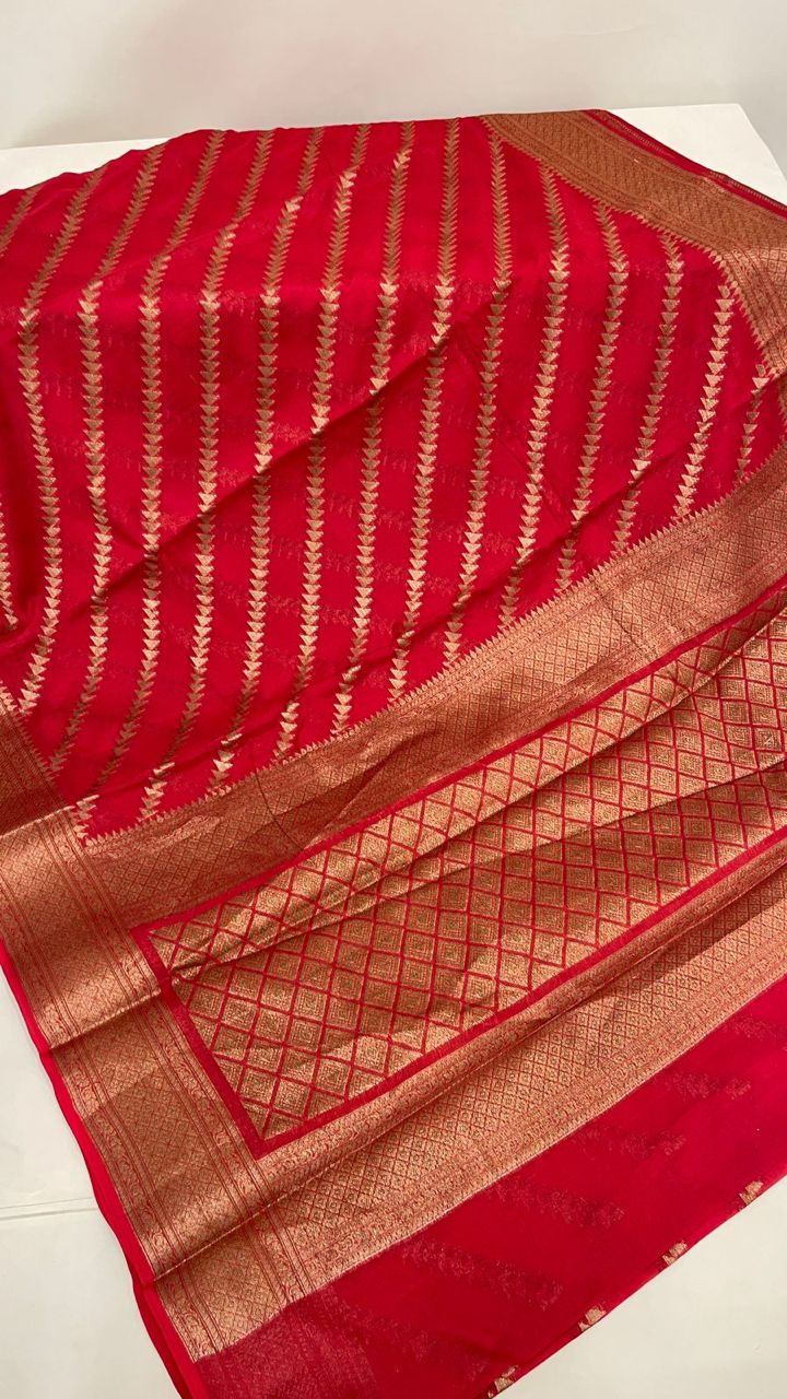 Faishana Pure Handwoven Red Chiffon Diagonal Stripe Copper Zari with Banarasi Zari Border Pallu and Red Blouse