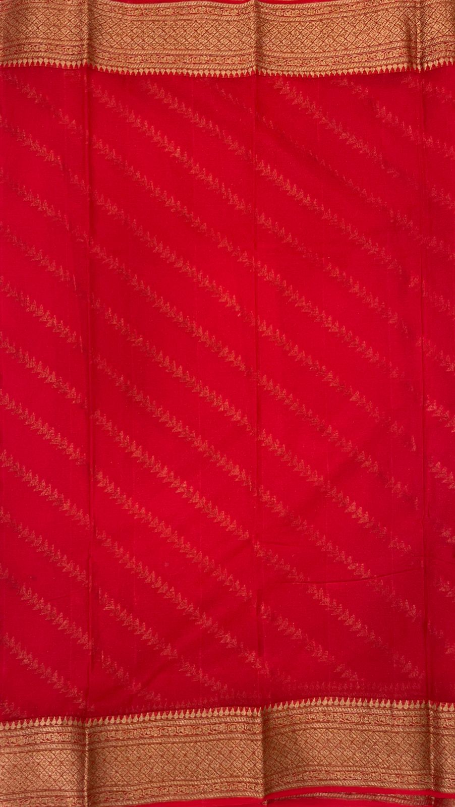 Faishana Pure Handwoven Red Chiffon Diagonal Stripe Copper Zari with Banarasi Zari Border Pallu and Red Blouse