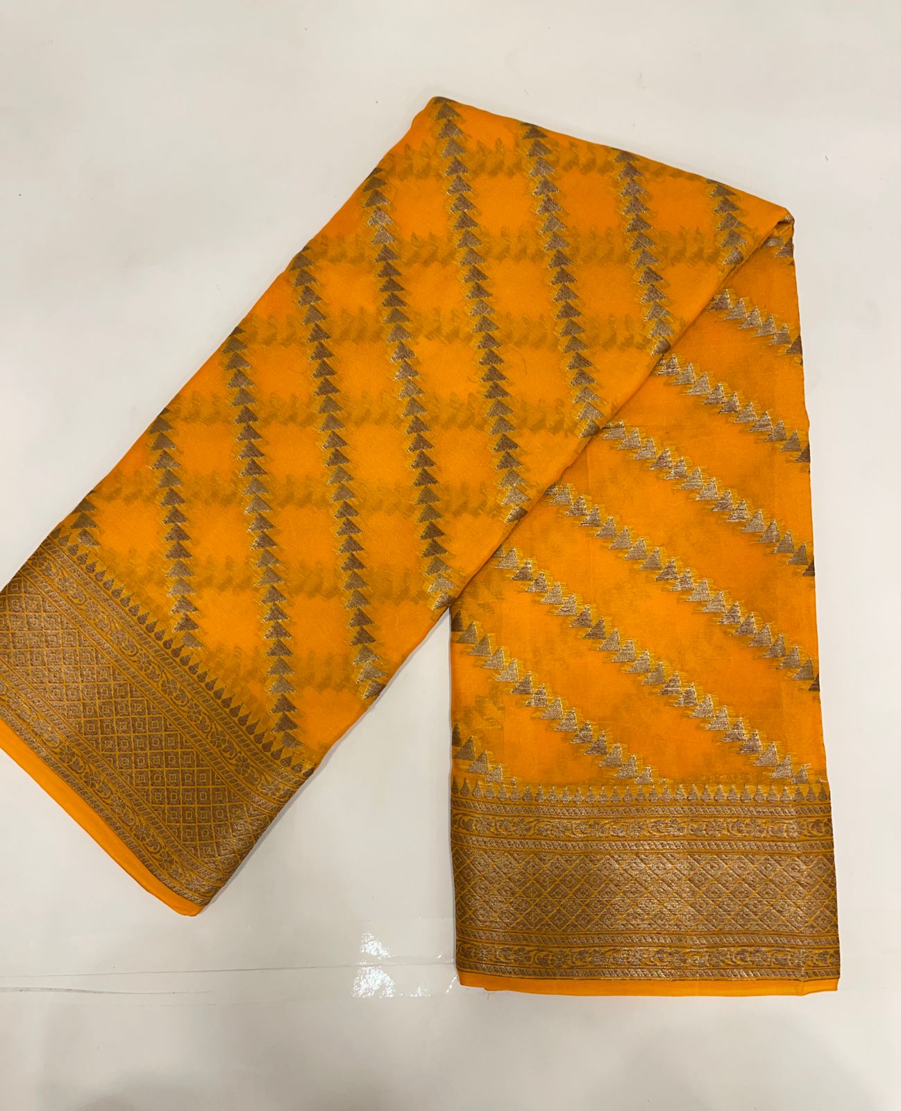 Faishana Pure Handwoven Gold Chiffon Diagonal Stripe Copper Zari with Banarasi Zari Border Pallu and Gold Blouse